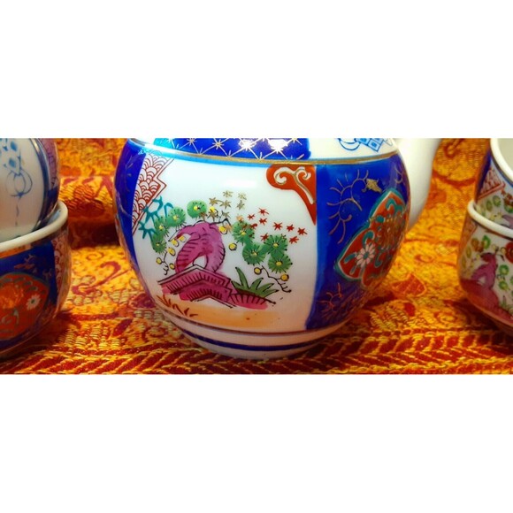 Vintage Japanese Asian Imari Blue White Purple Green Gold Teapot Teacups Set - Picture 3 of 10